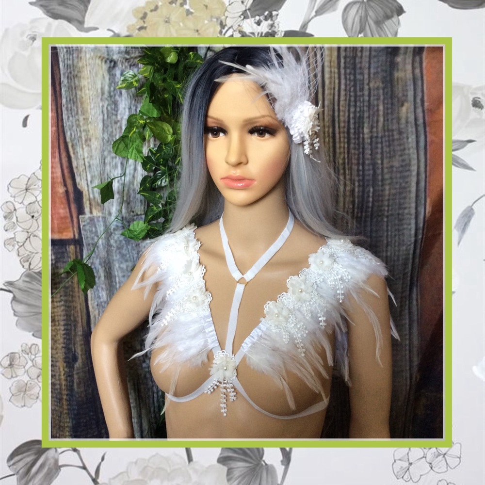 🎀 2PC WHITE FEATHER BRIDE WEDDING BOHO FRINGE BOHO FESTIVAL HAIR CLIP BRA COVER